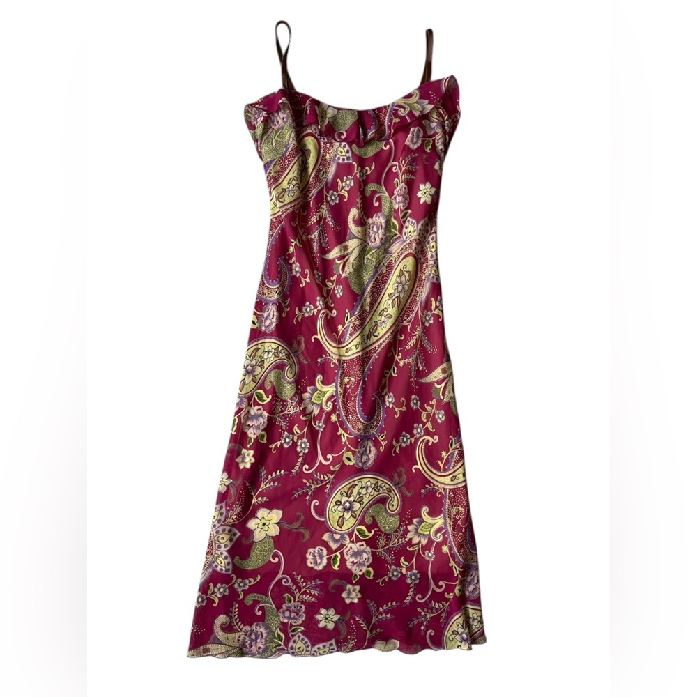 VINTAGE 90S NECESSARY OBJECTS BURGUNDY PAISLEY TANK MIDI DRESS RUFFLE SMALL